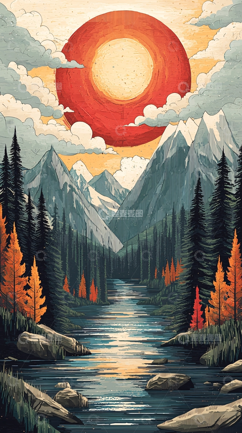 高清大图下载【趣麦麦图】红色太阳下的山水风景