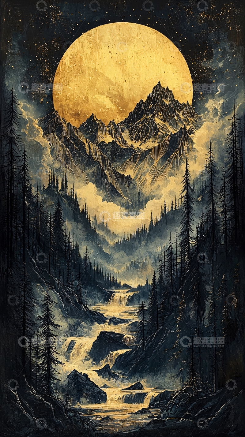 高清大图下载【趣麦麦图】金色月亮下的山水