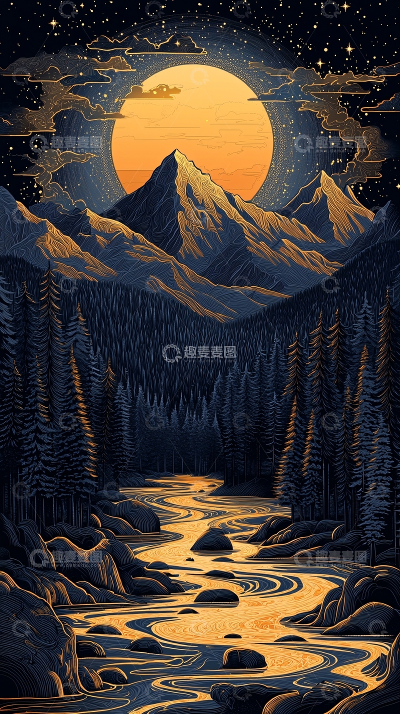 高清大图下载【趣麦麦图】月亮下的山水风景