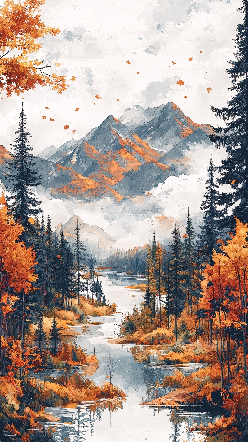 高清大图下载【趣麦麦图】秋日山水风景水彩画