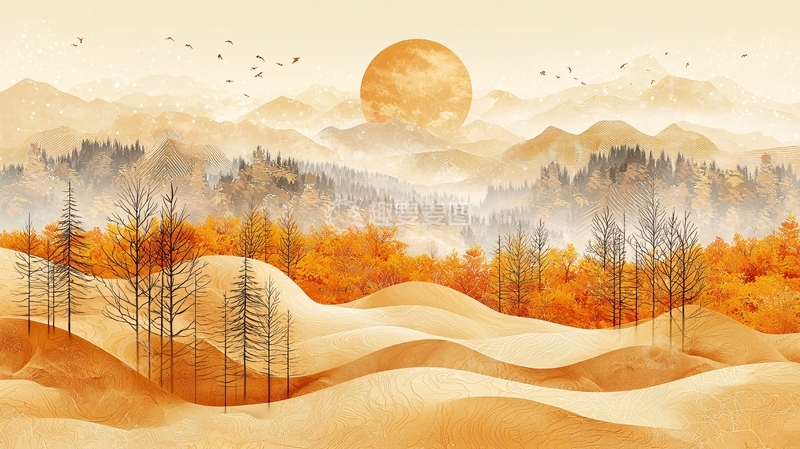 高清大图下载【趣麦麦图】水墨山水日出金色意境图