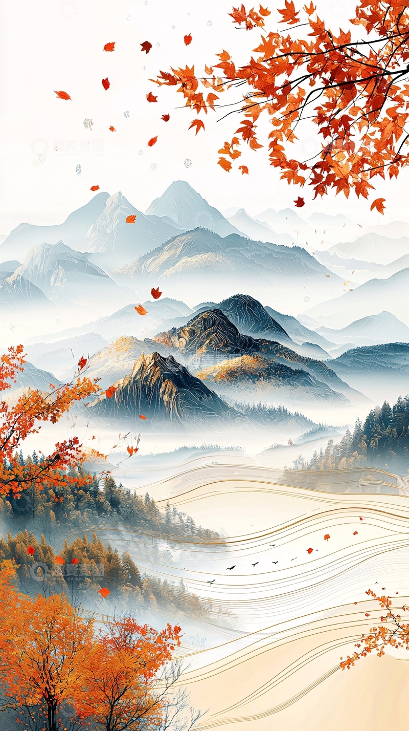 高清大图下载【趣麦麦图】水墨山水秋色枫叶唯美意境