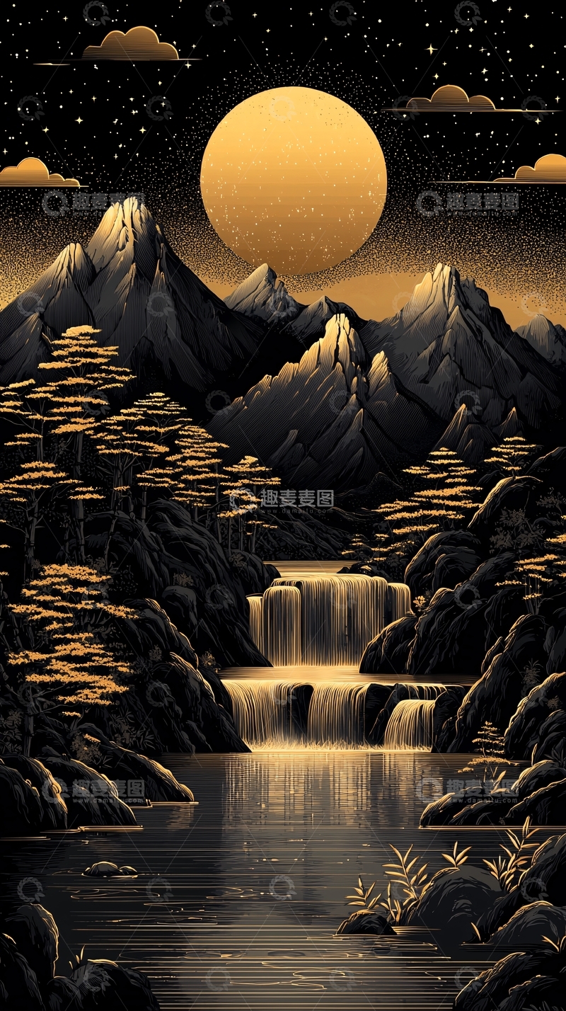 高清大图下载【趣麦麦图】金色月亮下的山水瀑布
