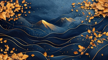 金色叶子蓝色山脉纹理