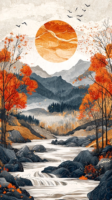 秋日山水暖阳水墨风