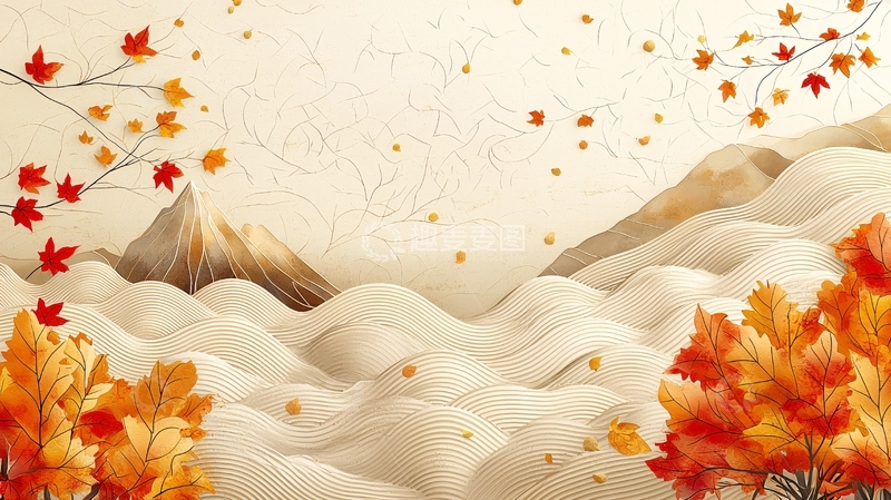 高清大图下载【趣麦麦图】秋日山水红叶水墨风背景