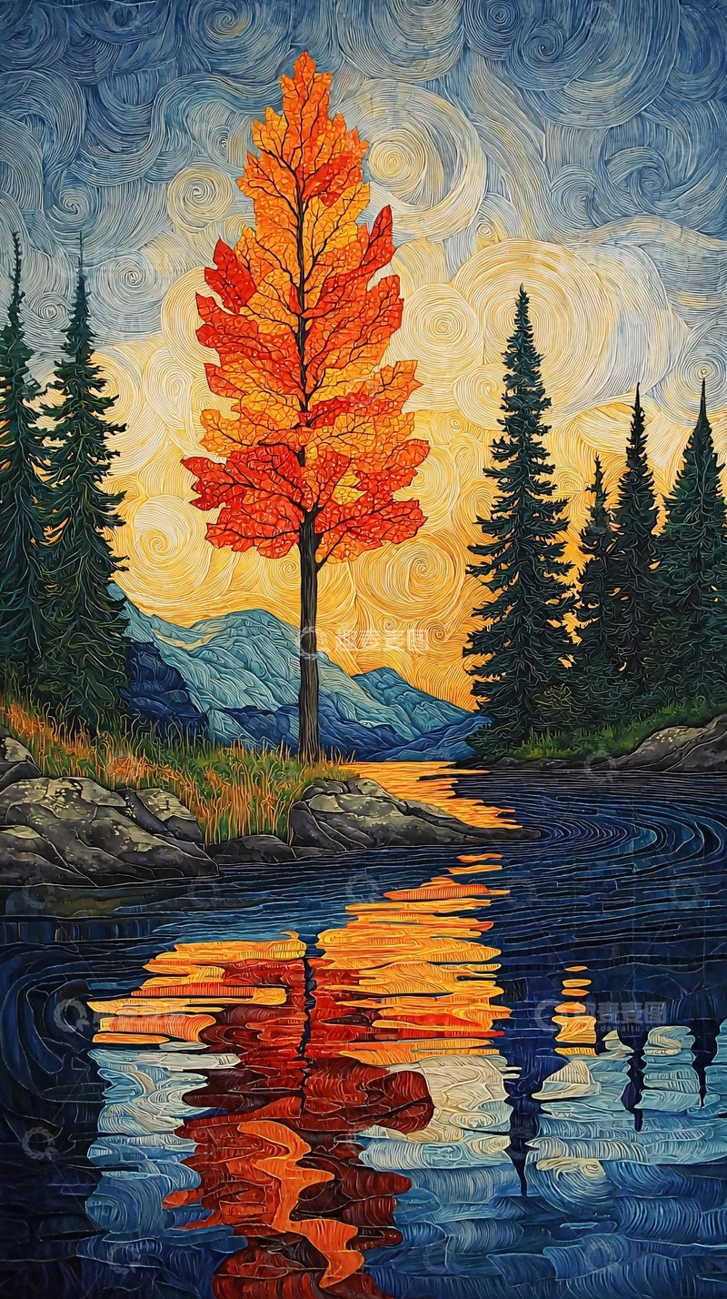 高清大图下载【趣麦麦图】秋日湖畔的油画风景