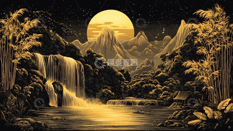 高清大图下载【趣麦麦图】金色月光下的山水