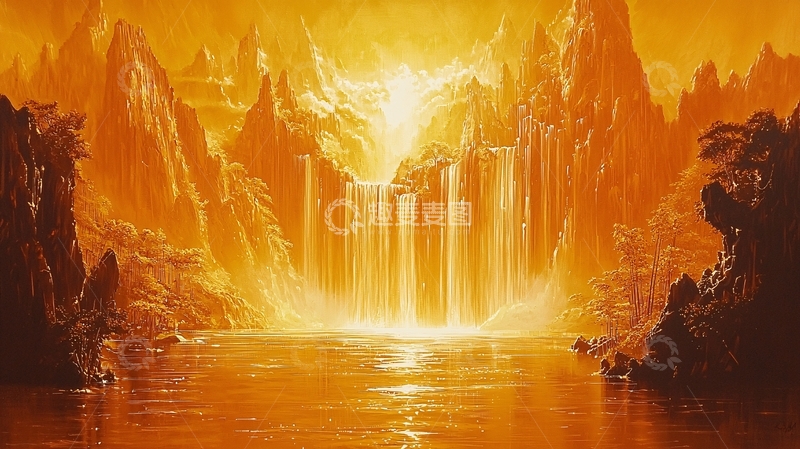 高清大图下载【趣麦麦图】金色山水瀑布景观