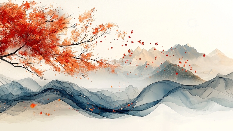 高清大图下载【趣麦麦图】红色枫叶水墨山水画