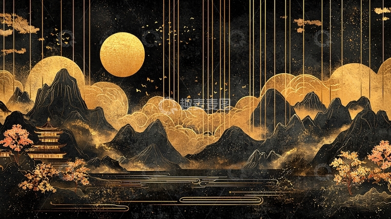 高清大图下载【趣麦麦图】金色水墨山水风景画