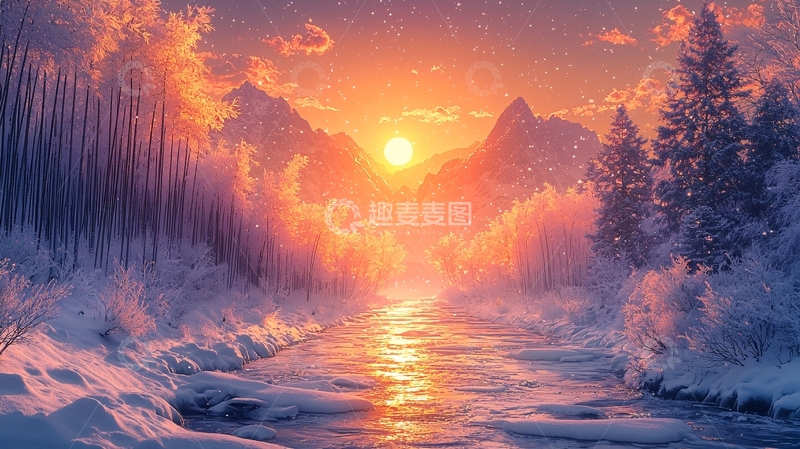 高清大图下载【趣麦麦图】冬日暖阳雪景河面波光