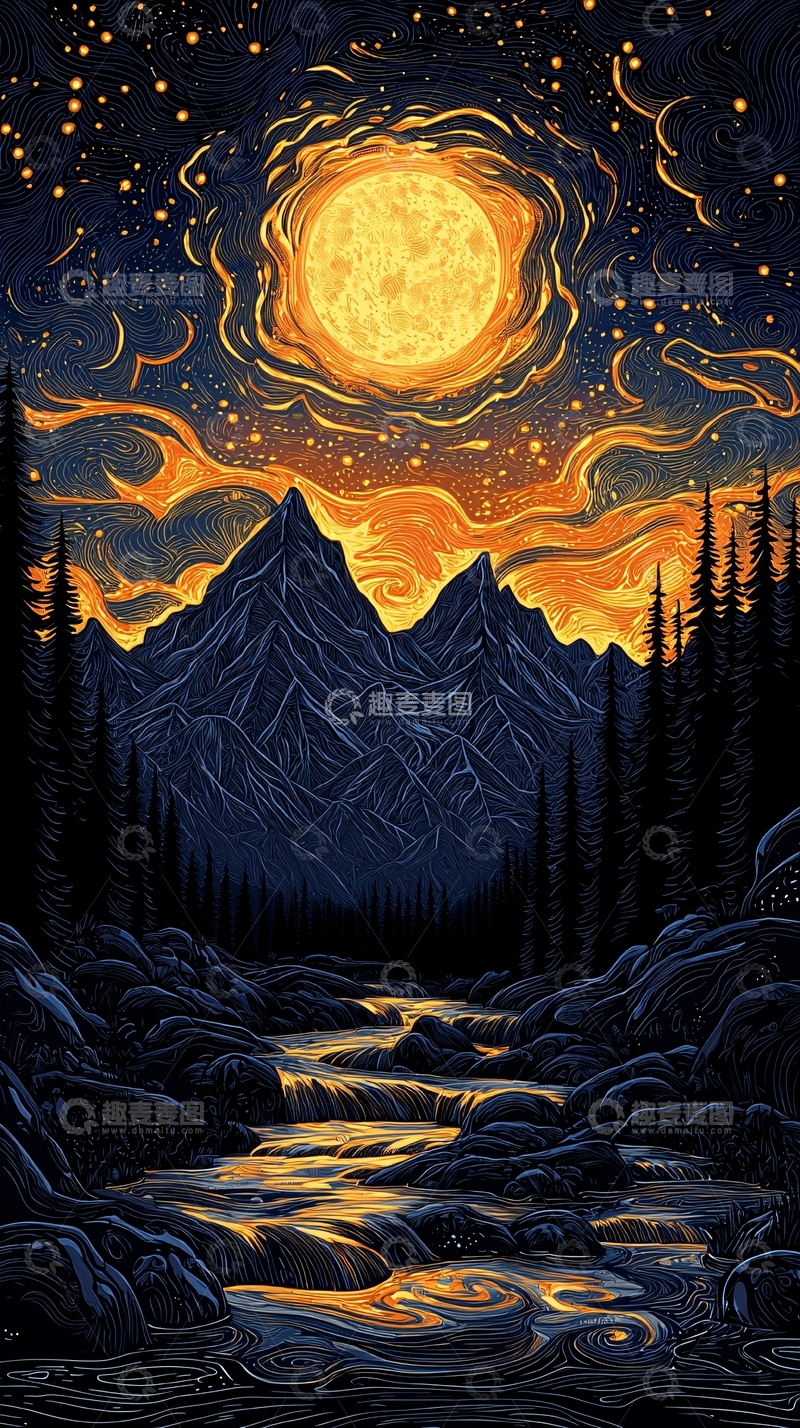 高清大图下载【趣麦麦图】金色月亮下的山川河流