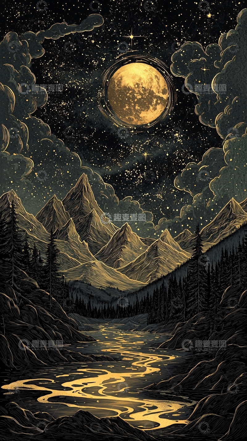 高清大图下载【趣麦麦图】夜空下的山脉与河流