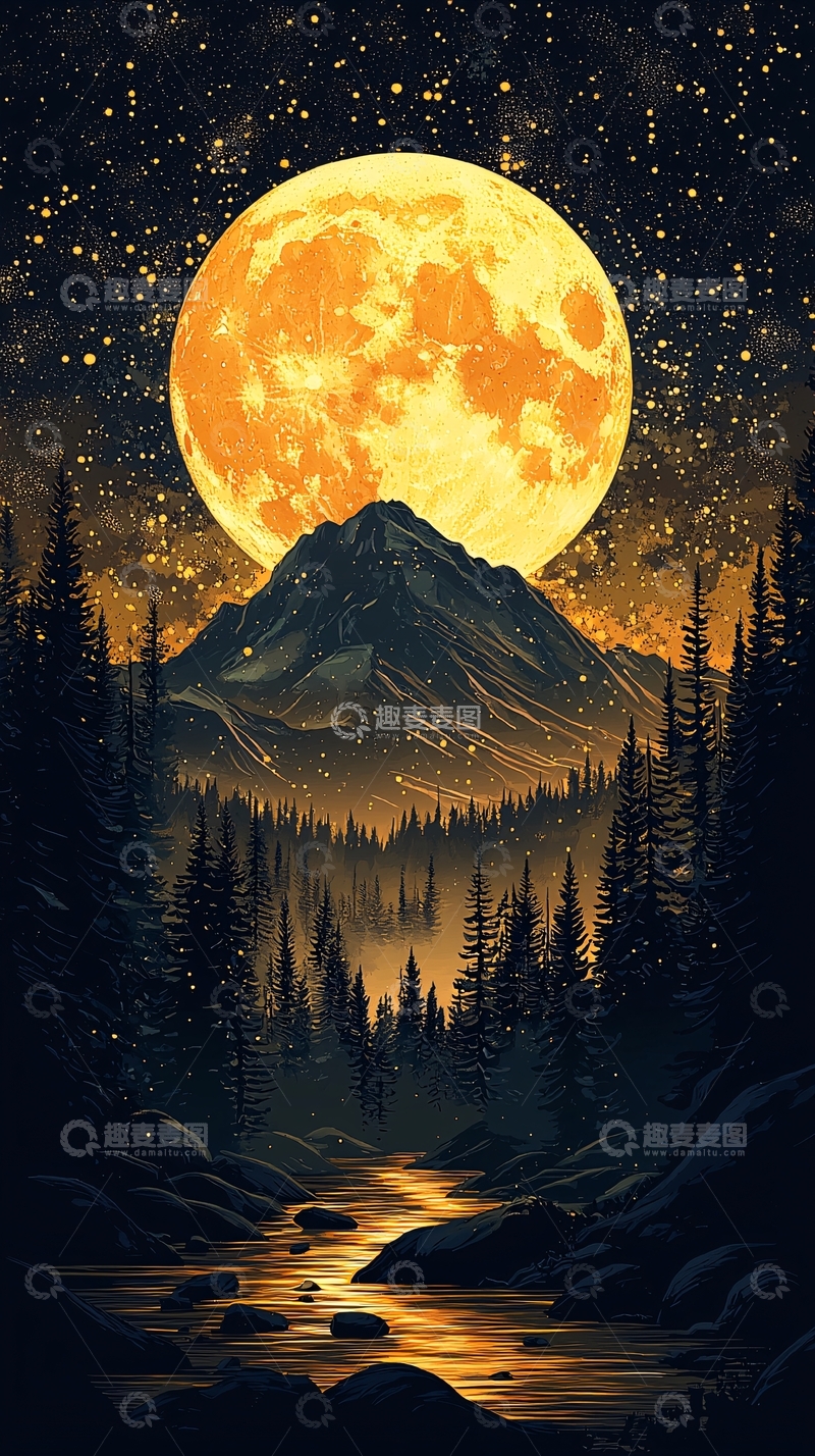 高清大图下载【趣麦麦图】金色月亮照耀下的山