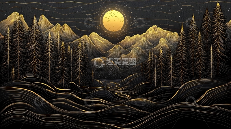 高清大图下载【趣麦麦图】金色月亮下的山水风景