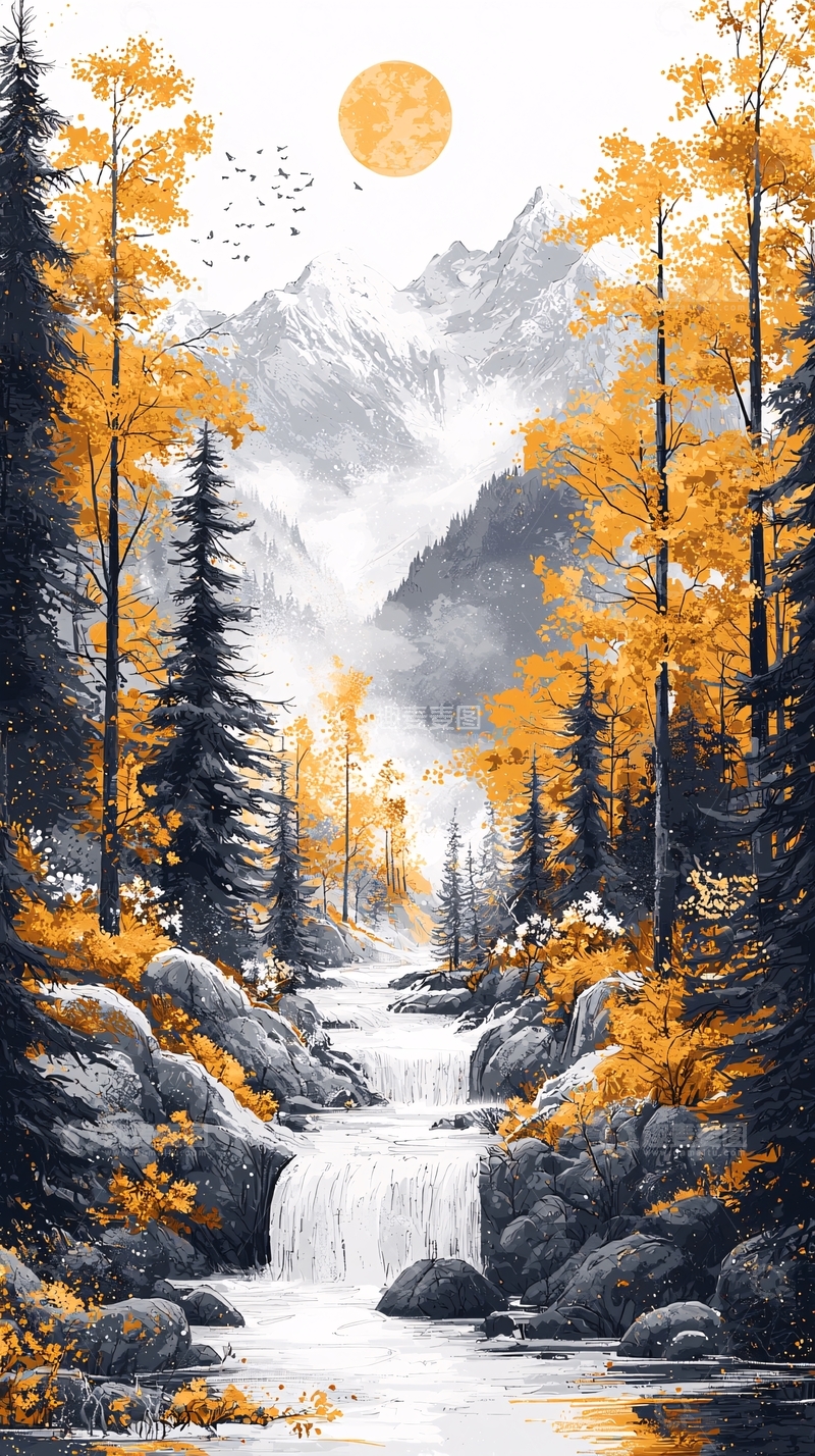 高清大图下载【趣麦麦图】秋日山间瀑布森林