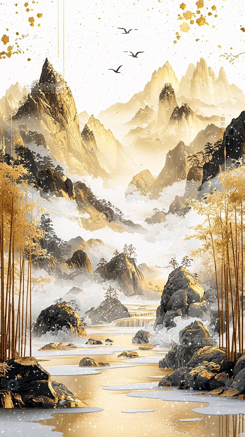 高清大图下载【趣麦麦图】金色山水国画风意境图