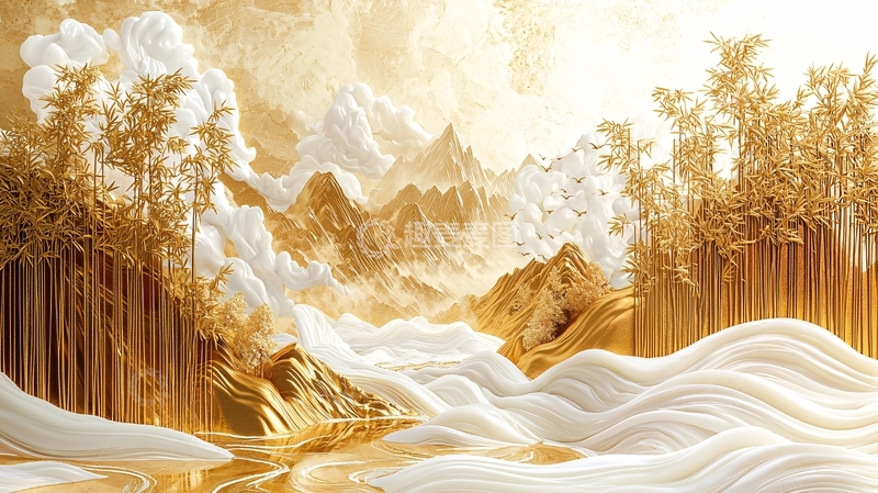 高清大图下载【趣麦麦图】金色山水云雾缭绕如仙境