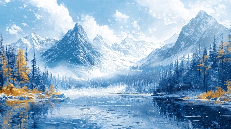 高清大图下载【趣麦麦图】冰雪覆盖的山峰和湖泊