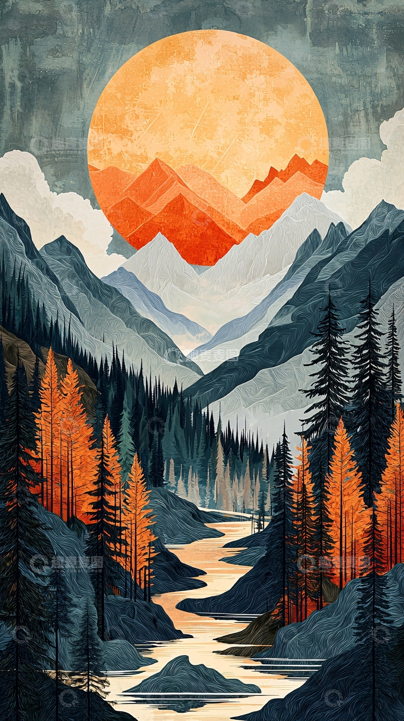 高清大图下载【趣麦麦图】橙色日落下的山脉