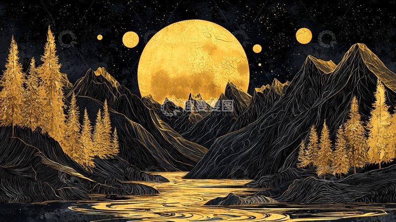 高清大图下载【趣麦麦图】金色月亮下的山水风景