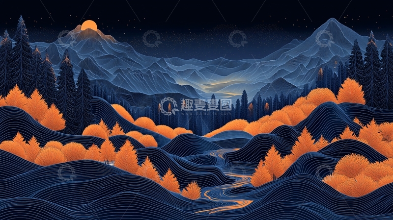 高清大图下载【趣麦麦图】蓝色山脉日出景象