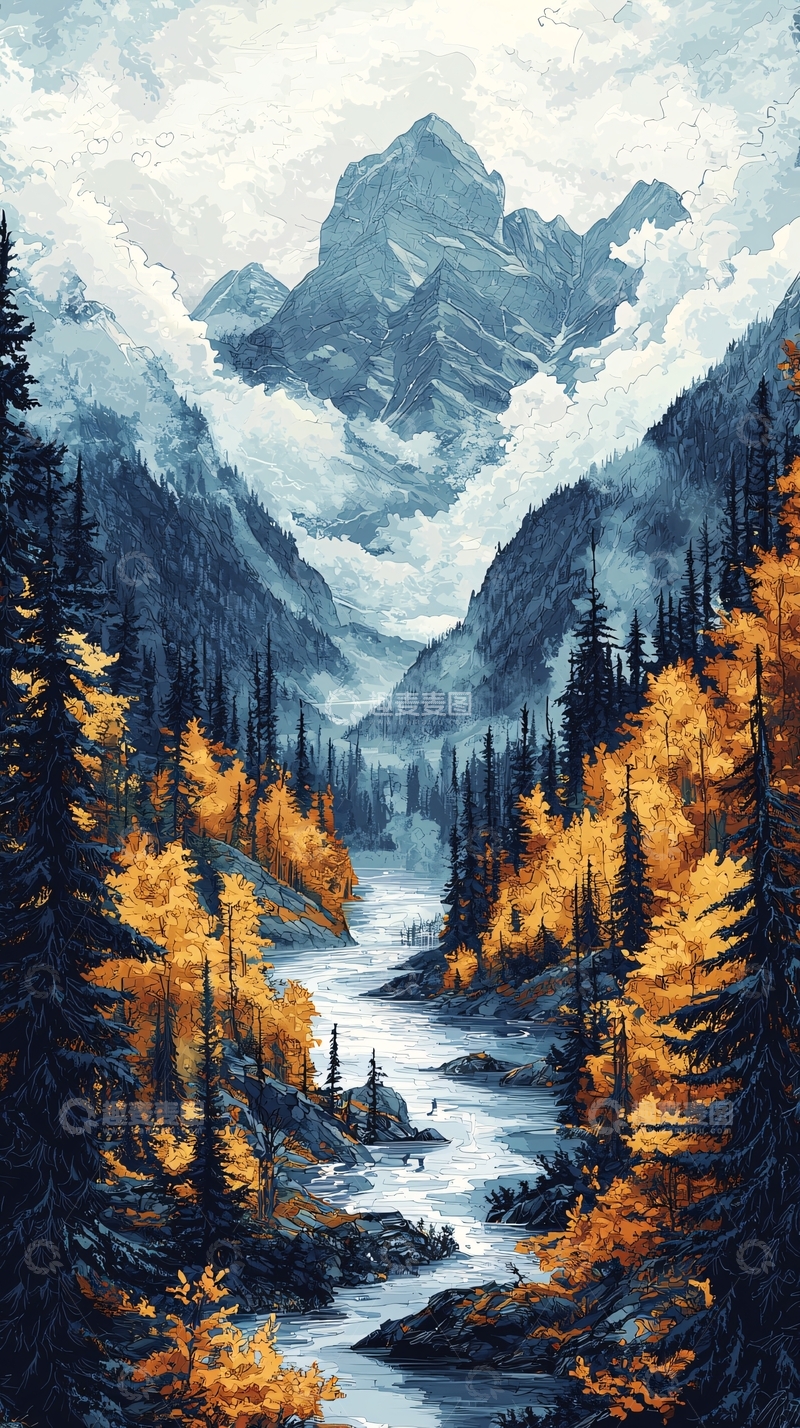 高清大图下载【趣麦麦图】山间溪流秋色画