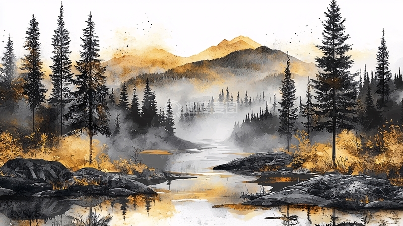 高清大图下载【趣麦麦图】水彩风格的森林与河流