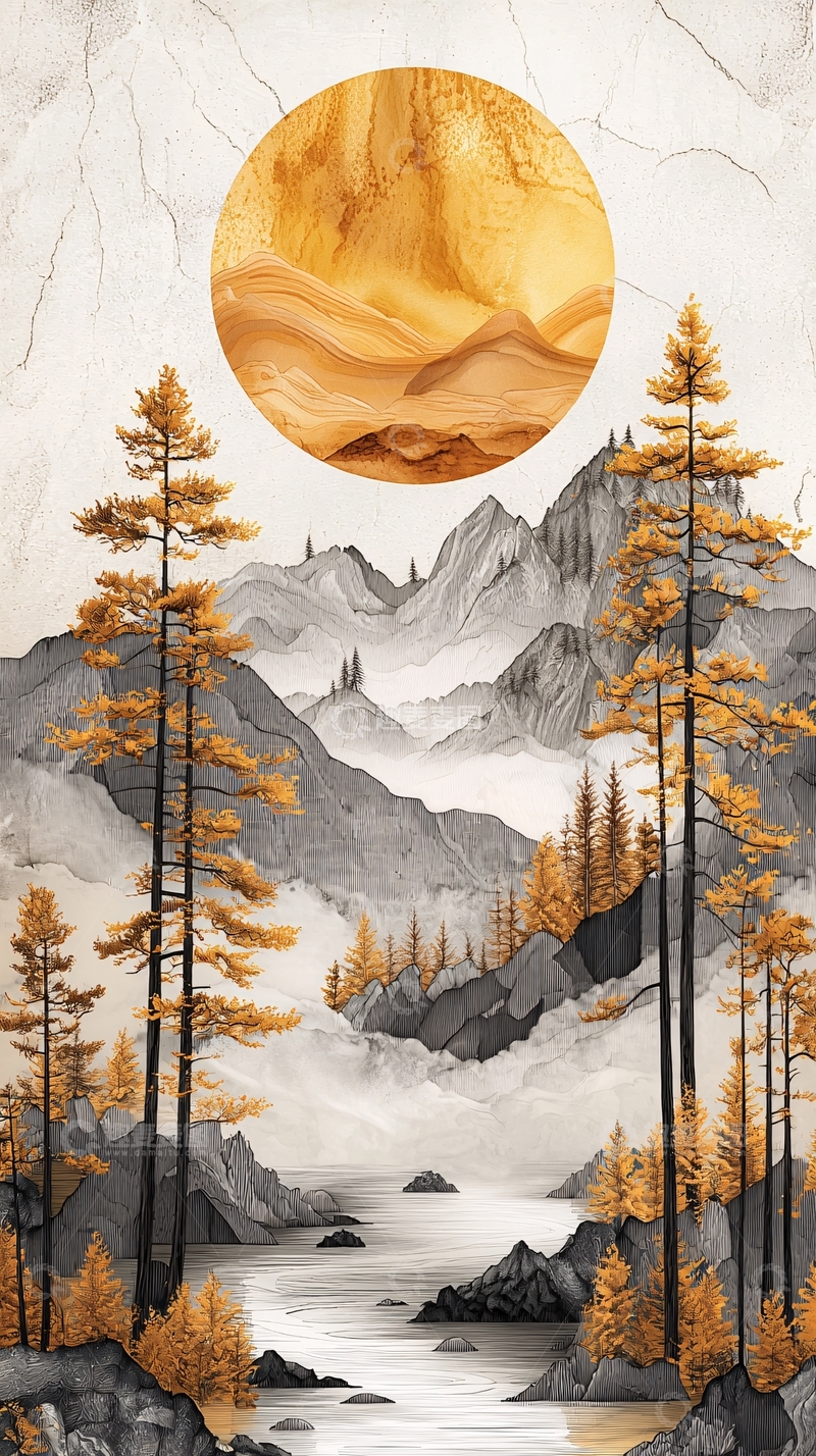 高清大图下载【趣麦麦图】金色山水画高清图片