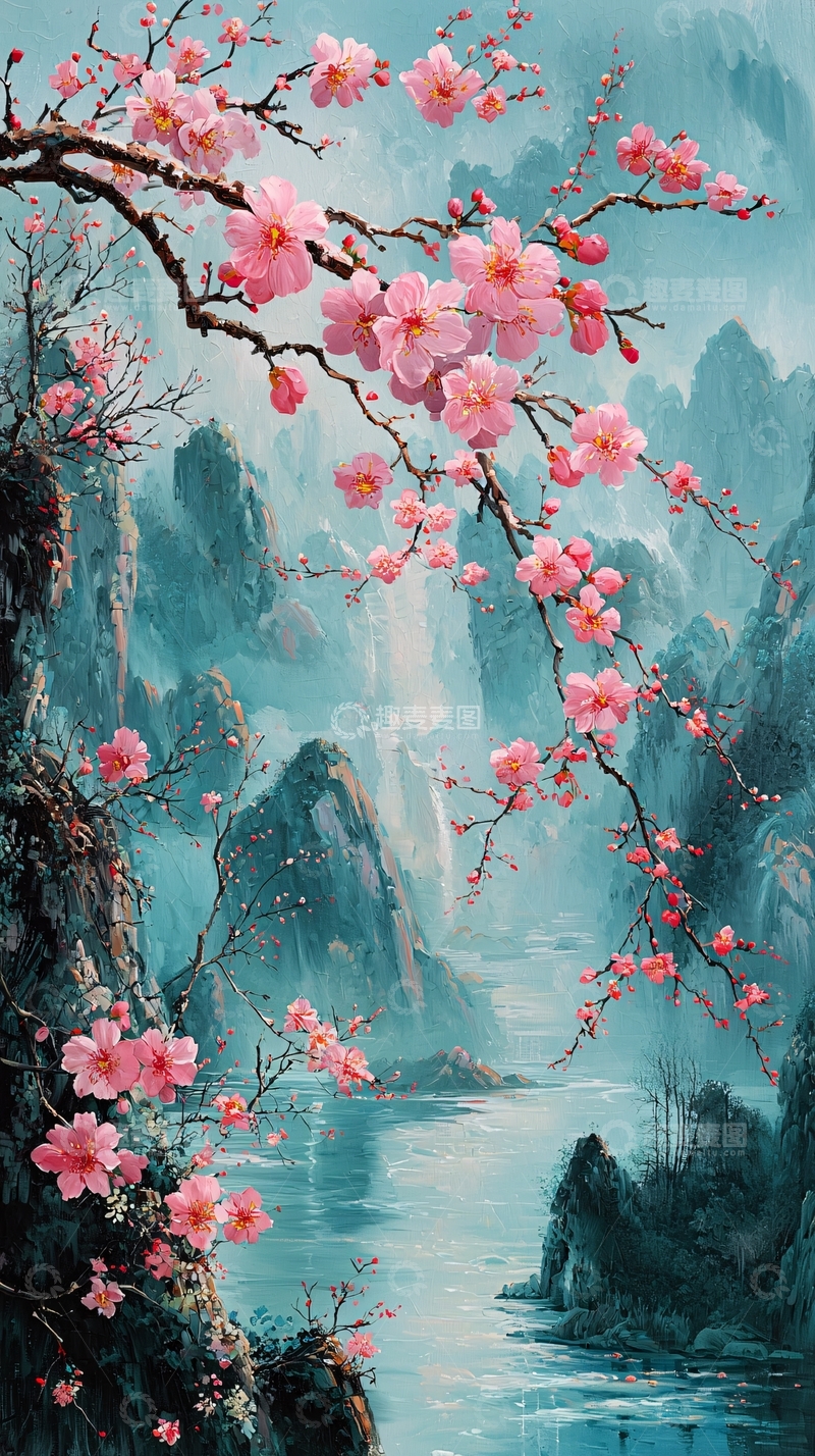 高清大图下载【趣麦麦图】桃花盛开的山水画意境