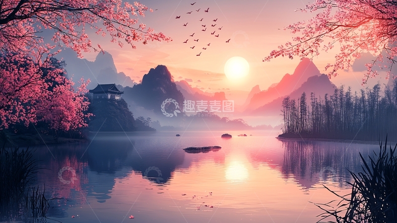 高清大图下载【趣麦麦图】宁静湖面上的日落美景