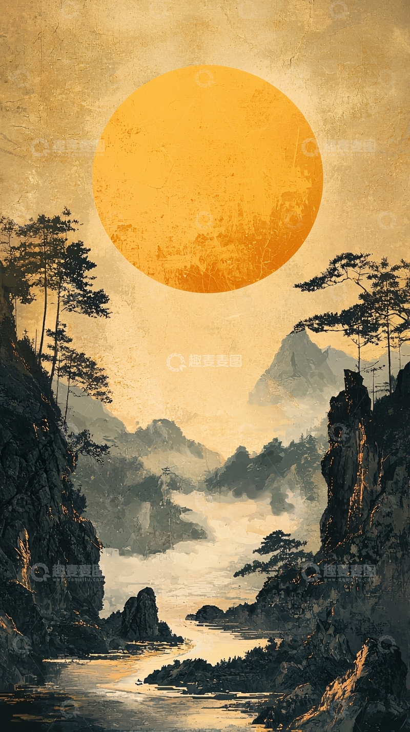 高清大图下载【趣麦麦图】水墨山水间的金色太阳