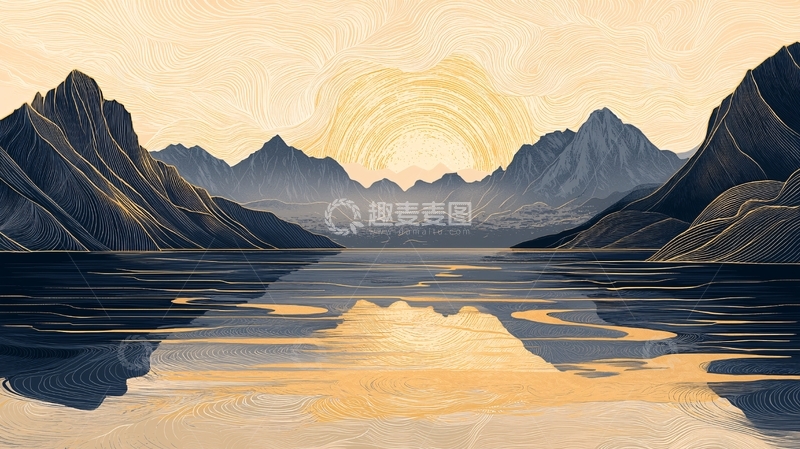 高清大图下载【趣麦麦图】湖面日出山峦倒影
