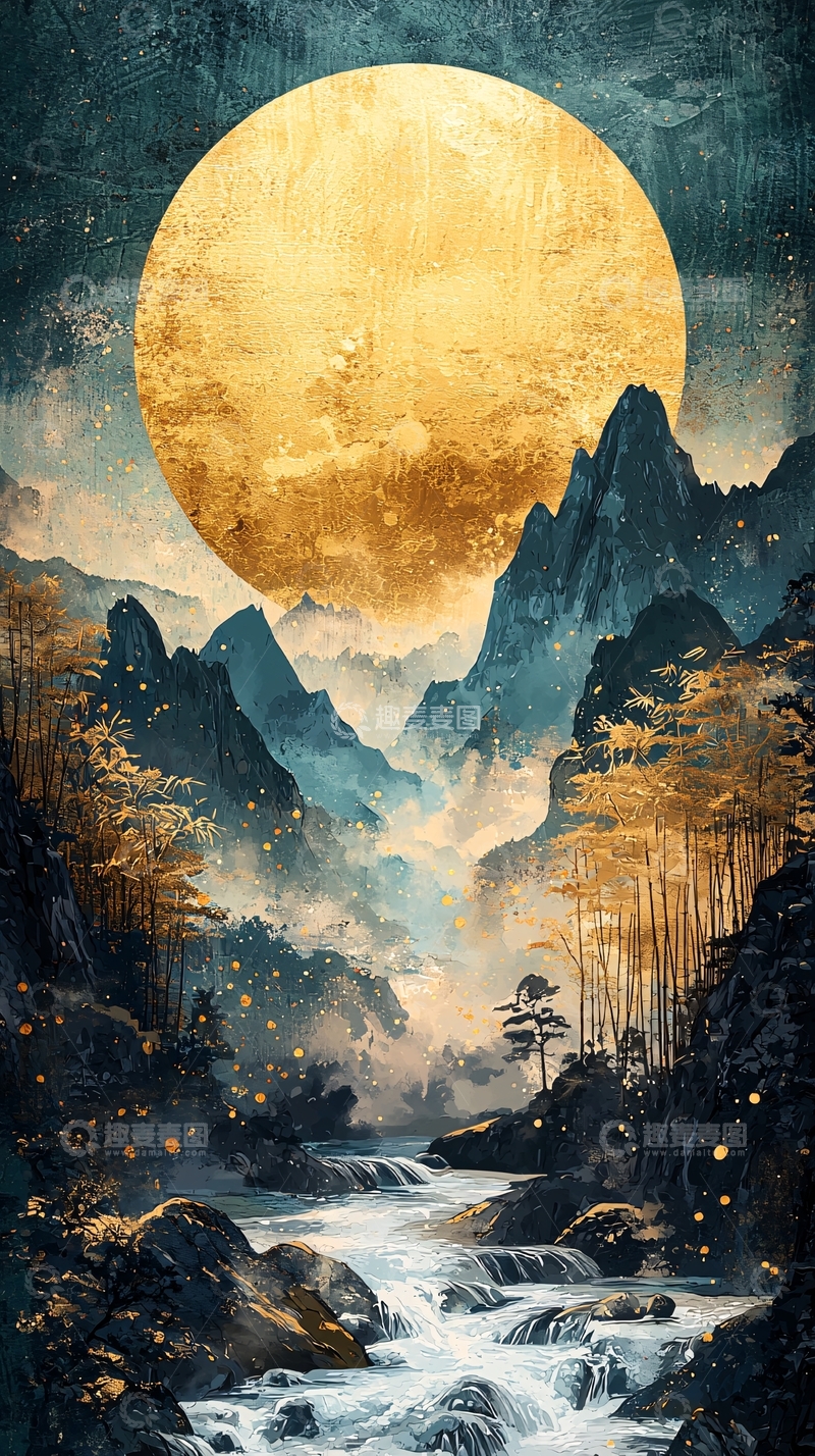 高清大图下载【趣麦麦图】东方意境山水金色月亮