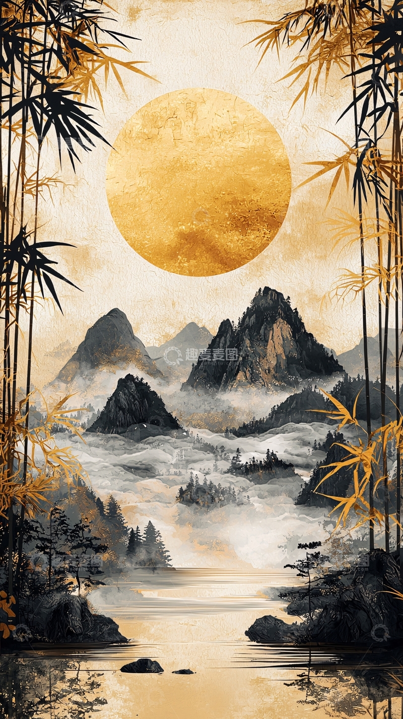 高清大图下载【趣麦麦图】金色月亮山水竹林水墨画