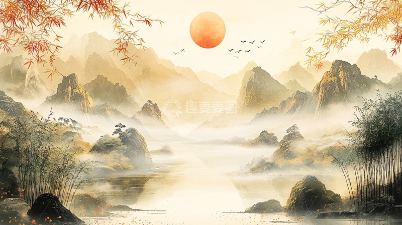高清大图下载【趣麦麦图】水墨山水秋日风景