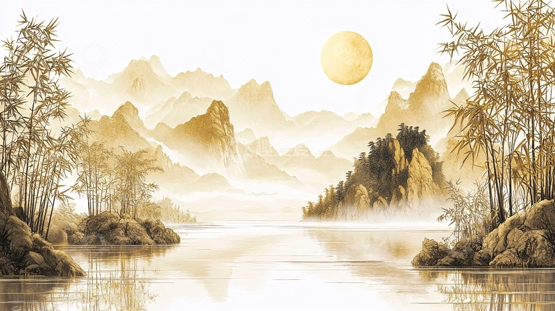 高清大图下载【趣麦麦图】金色水墨山水