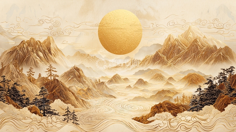 高清大图下载【趣麦麦图】金色山水间的旭日东升