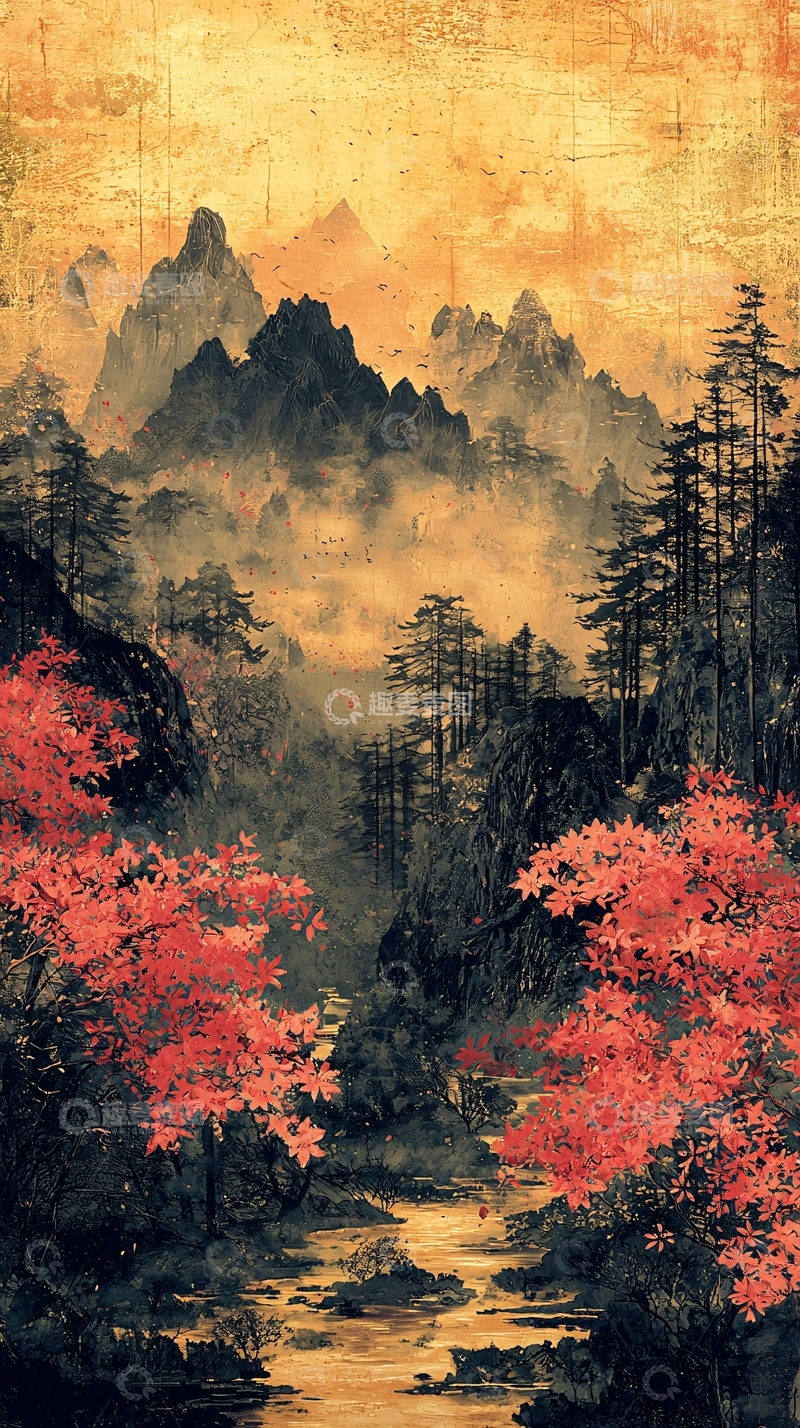 高清大图下载【趣麦麦图】水墨风格的山水红叶