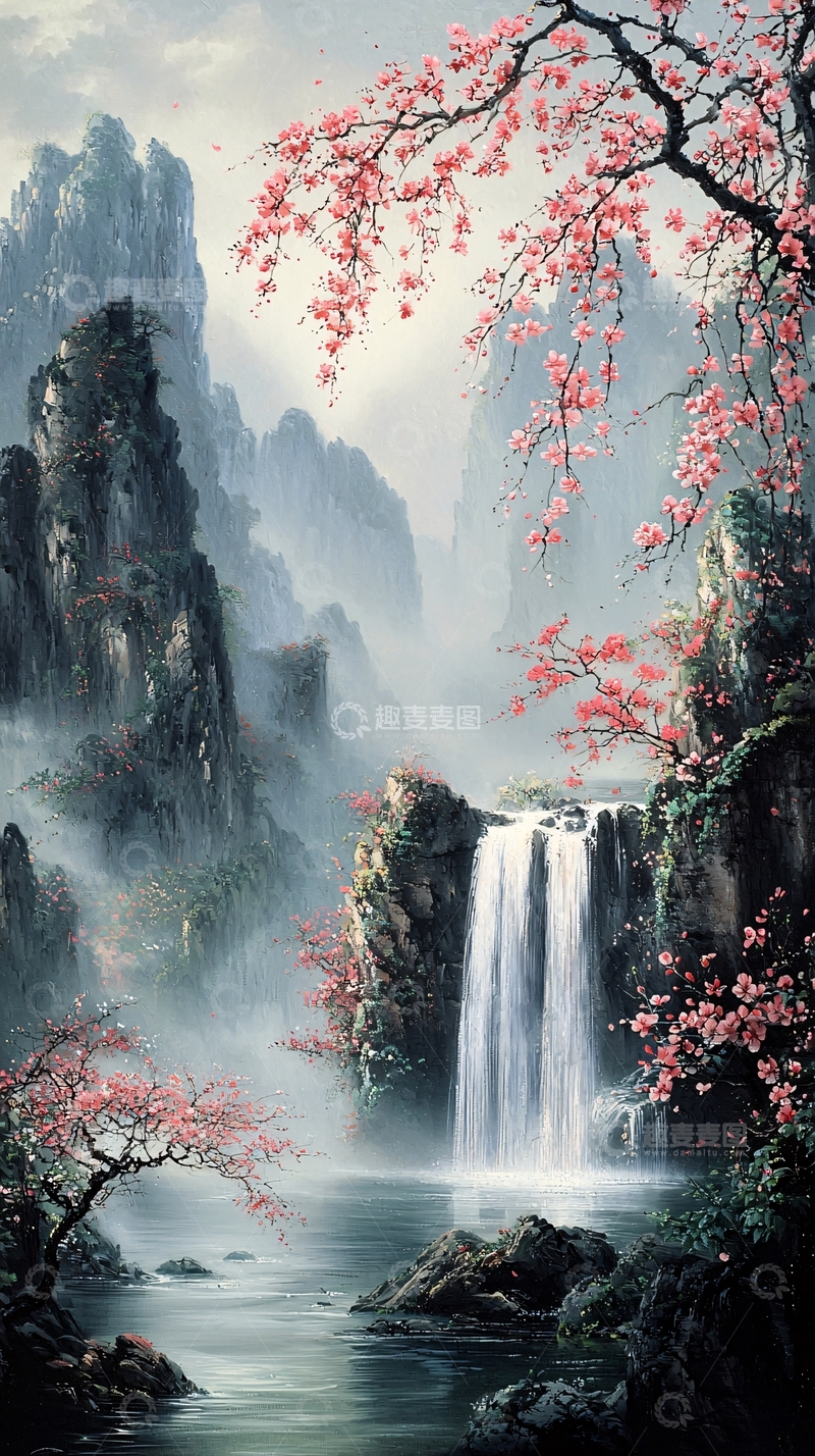 高清大图下载【趣麦麦图】山水桃花如画意境