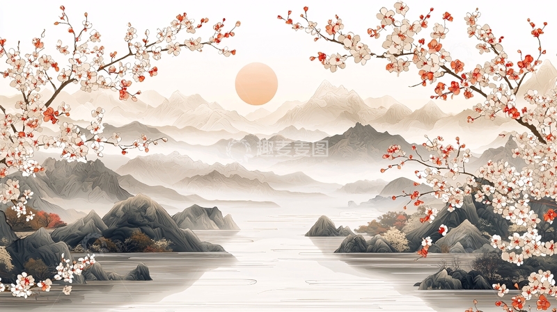 高清大图下载【趣麦麦图】水墨风格山水桃花图