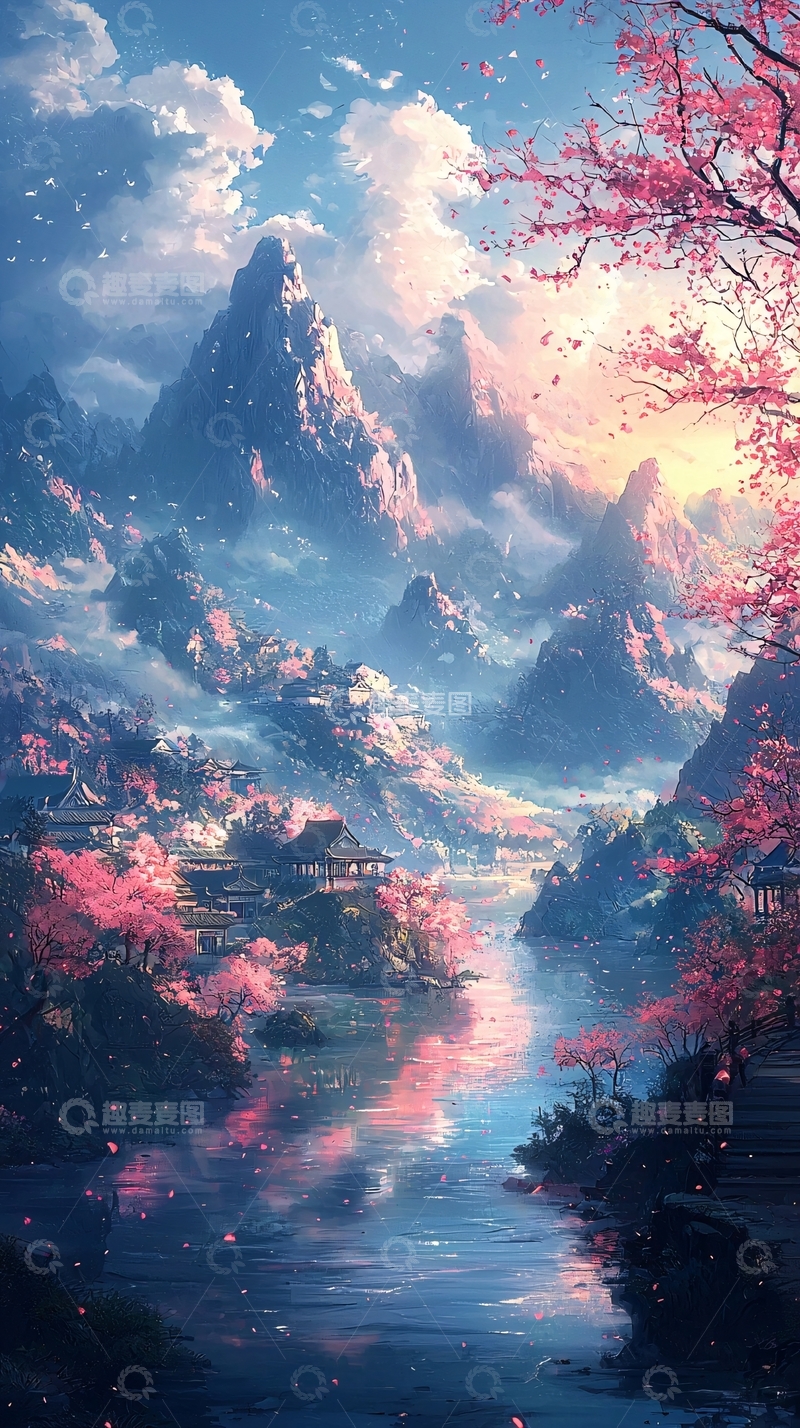 高清大图下载【趣麦麦图】动漫风格的樱花山水画