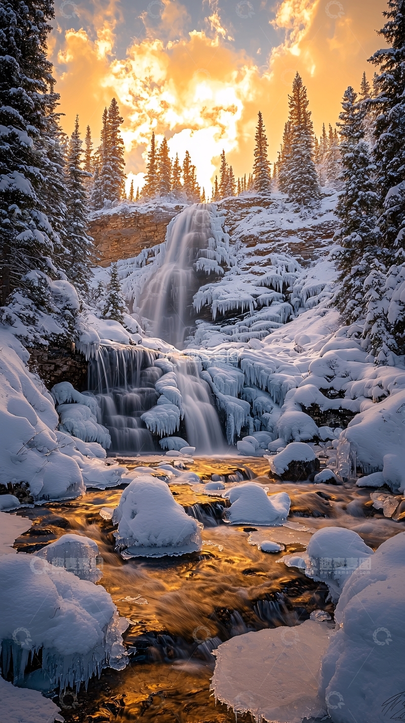 高清大图下载【趣麦麦图】雪山瀑布金色日出