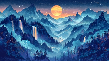 壮丽的蓝色山脉与月亮