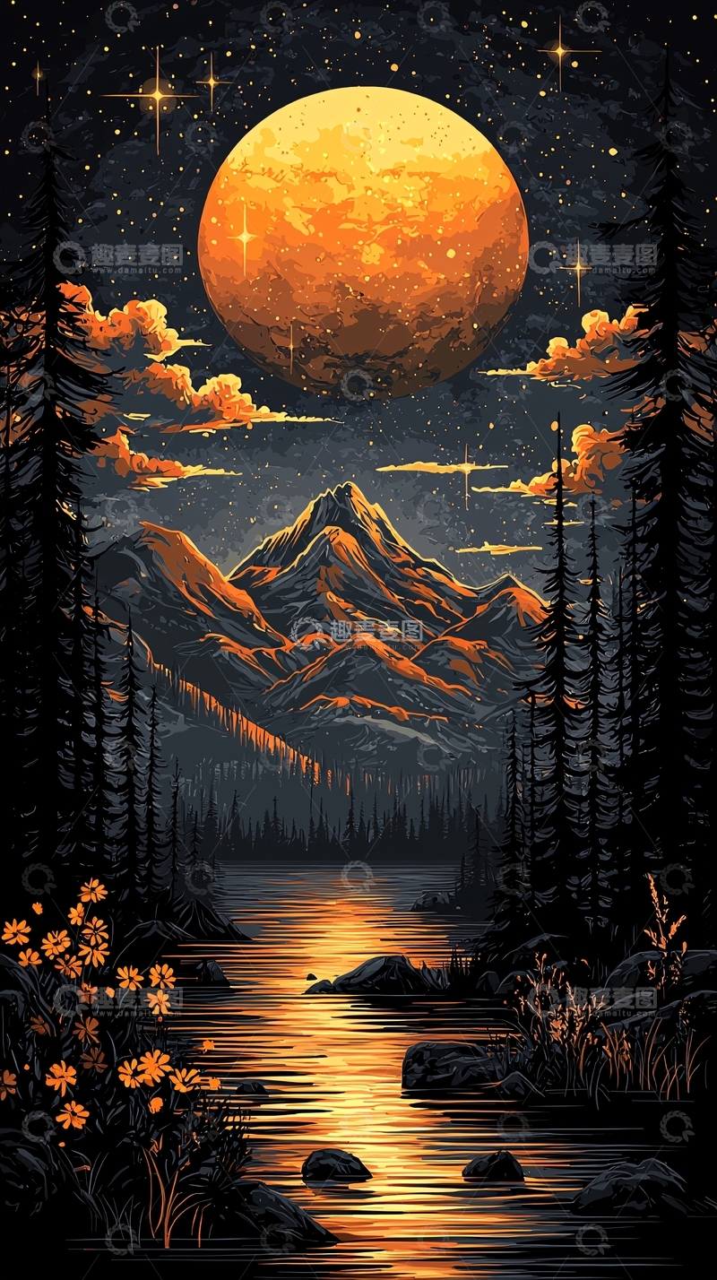 高清大图下载【趣麦麦图】夜晚月光下的山水风景