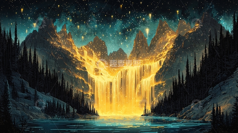 高清大图下载【趣麦麦图】金色瀑布下的宁静湖泊