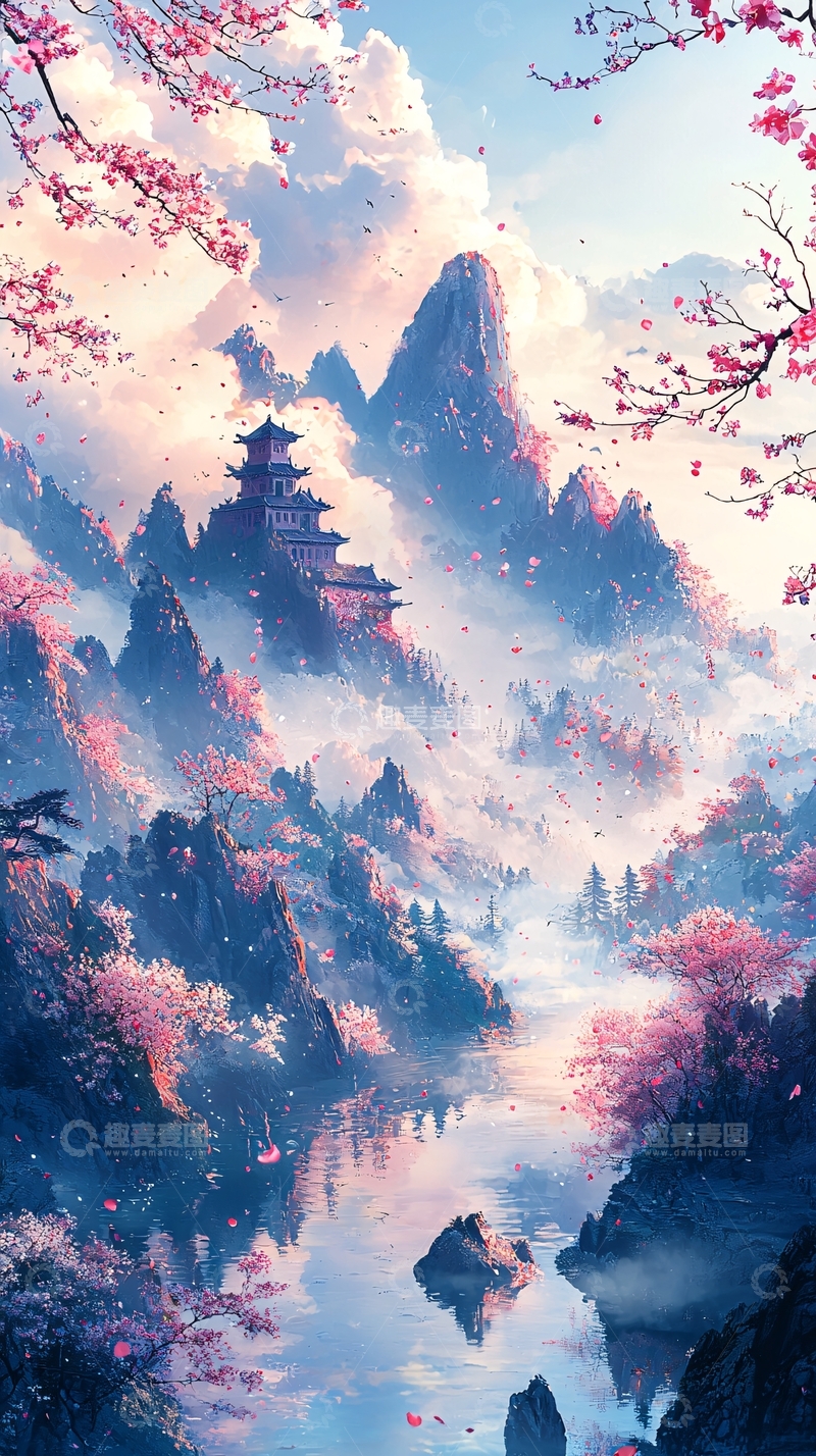 高清大图下载【趣麦麦图】樱花飘落的山水亭台楼阁