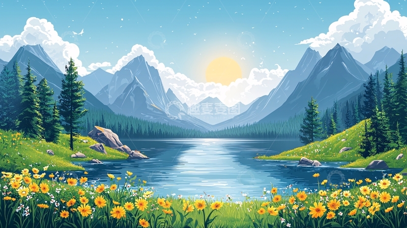 高清大图下载【趣麦麦图】宁静湖泊山峦景色