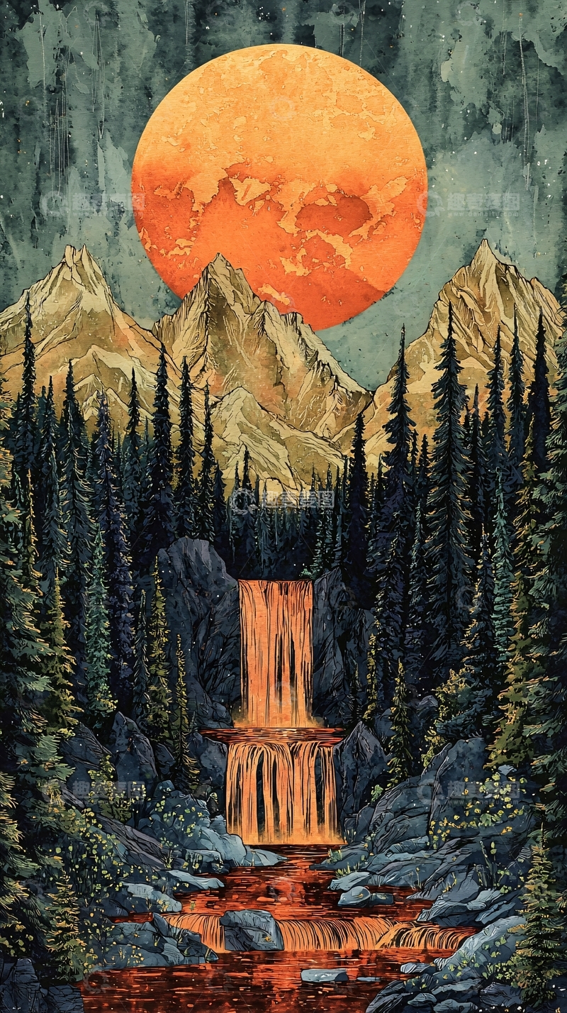 高清大图下载【趣麦麦图】橙色月亮下的森林瀑布